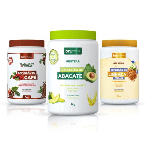 Kit Combo Creme de Pentear e Tratamento Explosão de Café + Abacate + Gelatina de Linhaça 1Kg (3 itens) | bn.Cachos Kit Combo Creme de Pentear e Tratamento Explosão de Café + Abacate + Gelatina de Linhaça 1Kg (3 itens) | bn.Cachos